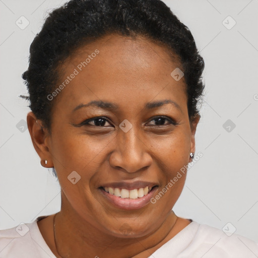 Joyful black young-adult female with short  brown hair and brown eyes