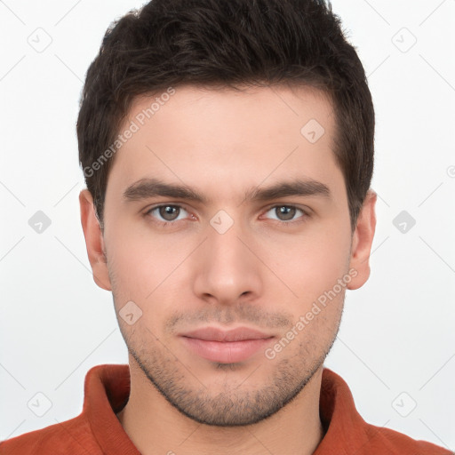 Neutral white young-adult male with short  brown hair and brown eyes