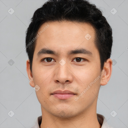 Neutral asian young-adult male with short  black hair and brown eyes