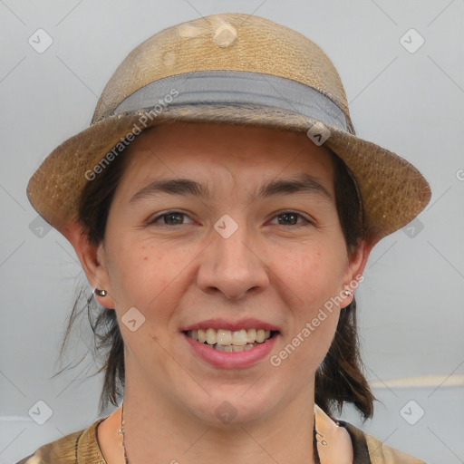 Joyful white young-adult female with medium  brown hair and brown eyes