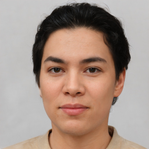 Neutral asian young-adult female with short  brown hair and brown eyes