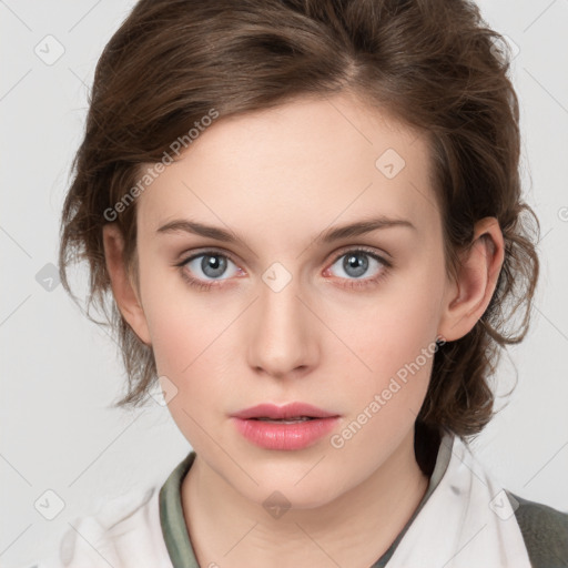 Neutral white young-adult female with medium  brown hair and grey eyes