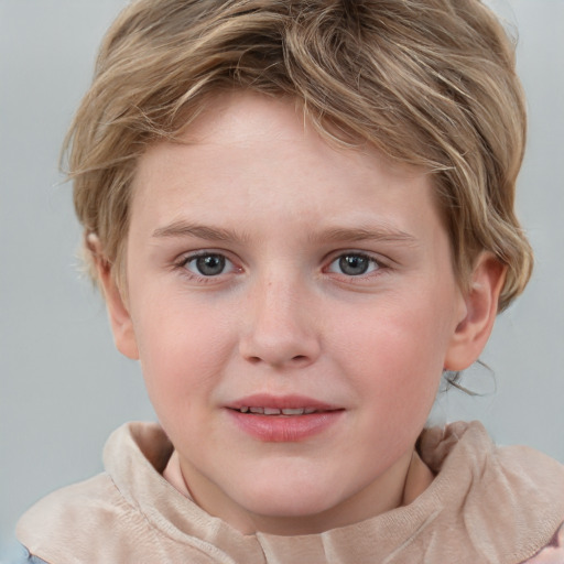 Joyful white child female with medium  brown hair and grey eyes