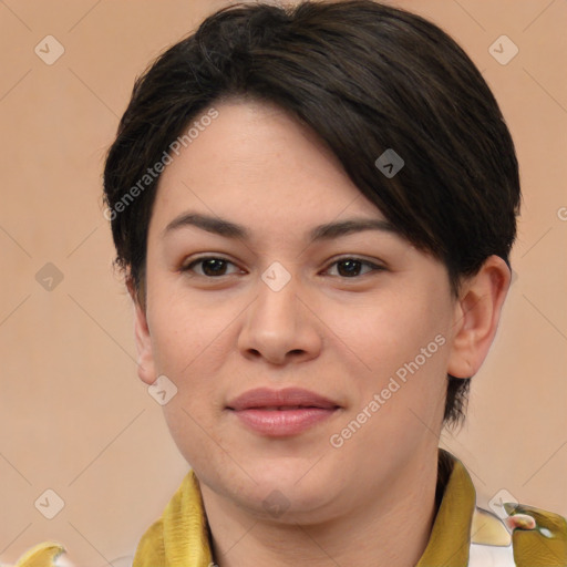 Joyful white young-adult female with medium  brown hair and brown eyes