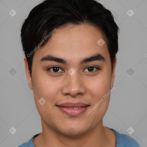 Joyful asian young-adult male with short  brown hair and brown eyes