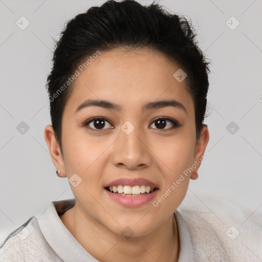 Joyful latino young-adult female with short  brown hair and brown eyes