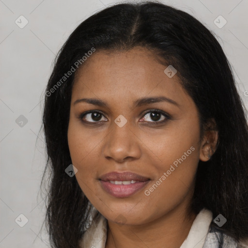 Joyful black young-adult female with medium  brown hair and brown eyes