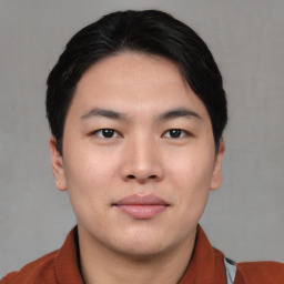 Neutral asian young-adult male with short  black hair and brown eyes