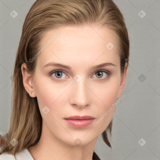 Neutral white young-adult female with long  brown hair and grey eyes