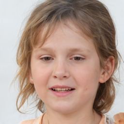 Joyful white child female with medium  brown hair and blue eyes