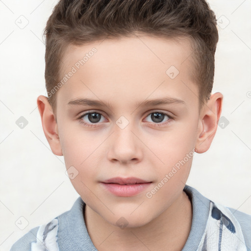 Joyful white child male with short  brown hair and brown eyes