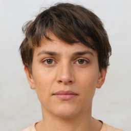 Neutral white young-adult female with short  brown hair and brown eyes