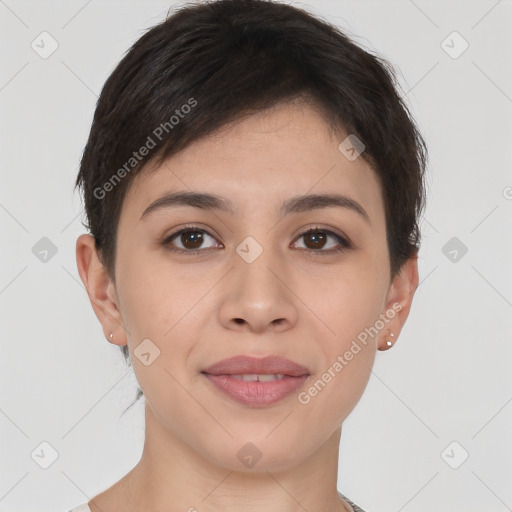 Joyful white young-adult female with short  brown hair and brown eyes