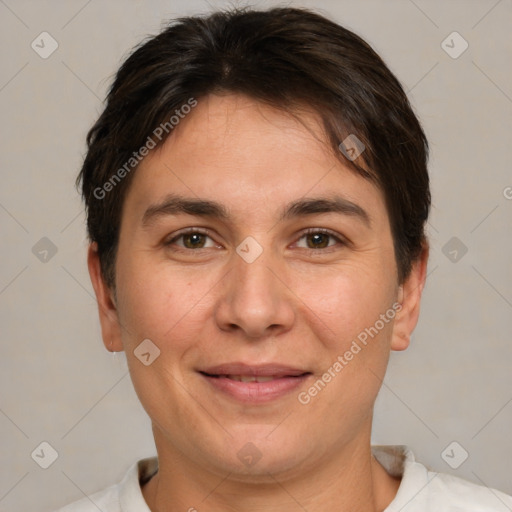 Joyful white adult female with short  brown hair and brown eyes