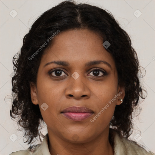 Joyful black young-adult female with long  brown hair and brown eyes