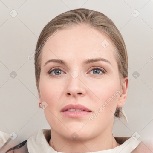 Neutral white young-adult female with medium  brown hair and grey eyes