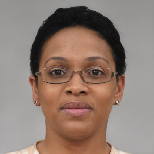 Joyful asian adult female with short  brown hair and brown eyes