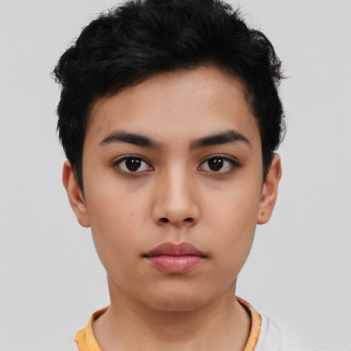 Neutral latino young-adult female with short  black hair and brown eyes