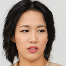 Neutral asian young-adult female with medium  brown hair and brown eyes