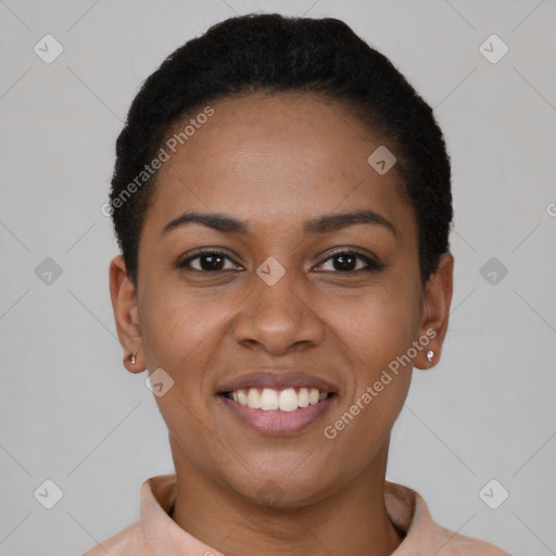 Joyful latino young-adult female with short  black hair and brown eyes