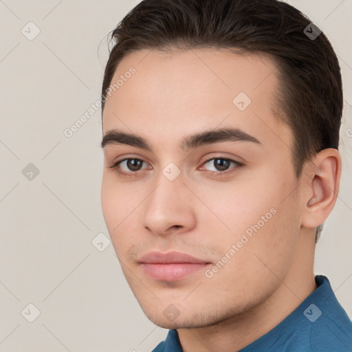 Neutral white young-adult male with short  brown hair and brown eyes