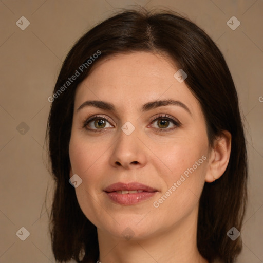 Joyful white young-adult female with medium  brown hair and green eyes