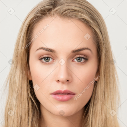 Neutral white young-adult female with long  brown hair and brown eyes