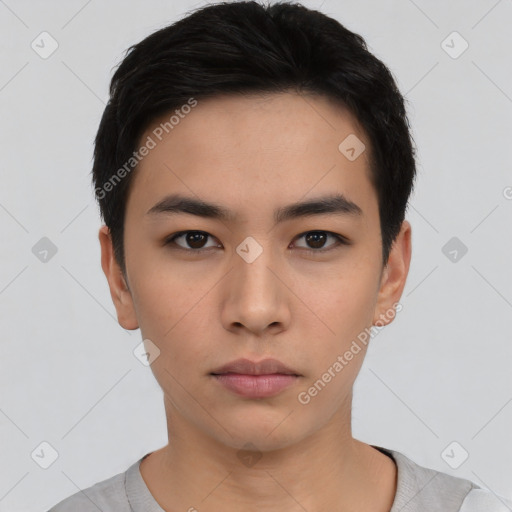 Neutral asian young-adult male with short  black hair and brown eyes