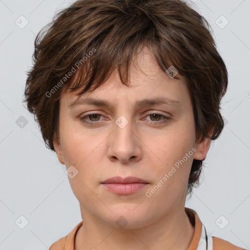 Neutral white young-adult female with medium  brown hair and brown eyes