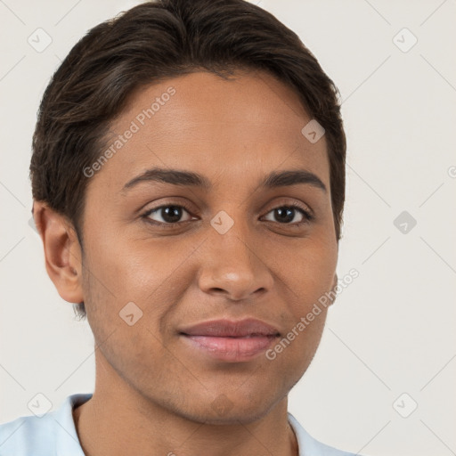 Joyful white young-adult female with short  brown hair and brown eyes