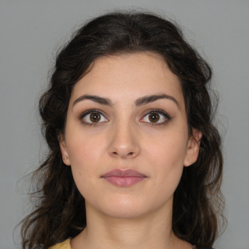 Neutral white young-adult female with medium  brown hair and brown eyes