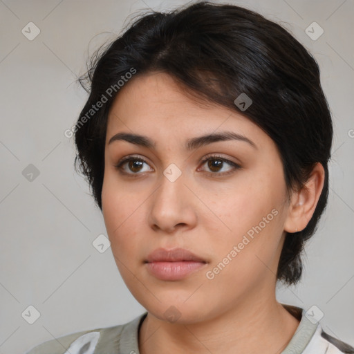 Neutral white young-adult female with medium  brown hair and brown eyes