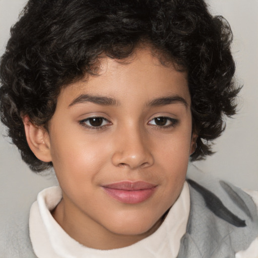 Joyful white child female with short  brown hair and brown eyes