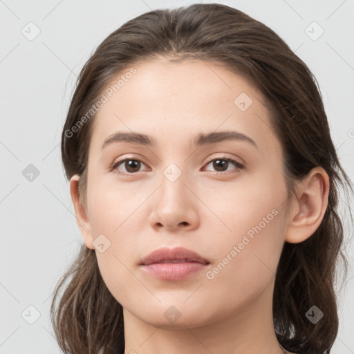 Neutral white young-adult female with medium  brown hair and brown eyes