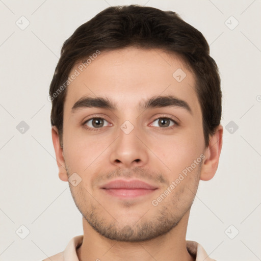 Neutral white young-adult male with short  brown hair and brown eyes