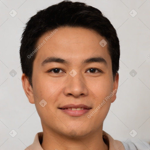 Joyful white young-adult male with short  black hair and brown eyes