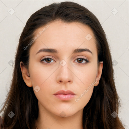 Neutral white young-adult female with long  brown hair and brown eyes