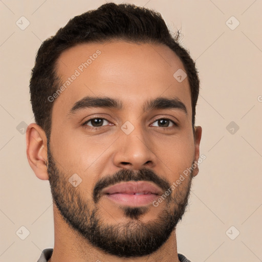 Neutral latino young-adult male with short  black hair and brown eyes