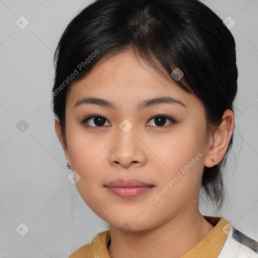 Neutral asian young-adult female with medium  brown hair and brown eyes