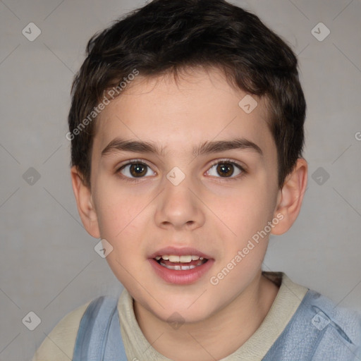 Joyful white child male with short  brown hair and brown eyes