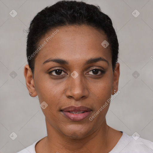 Joyful black young-adult female with short  black hair and brown eyes