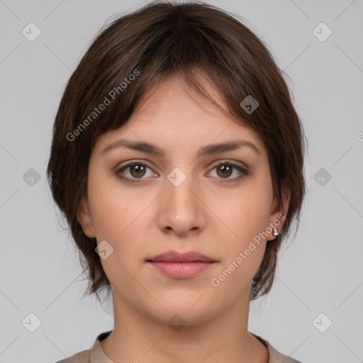 Neutral white young-adult female with medium  brown hair and brown eyes