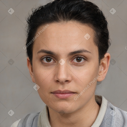 Neutral white young-adult female with short  brown hair and brown eyes