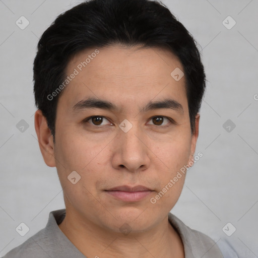 Neutral asian young-adult male with short  black hair and brown eyes