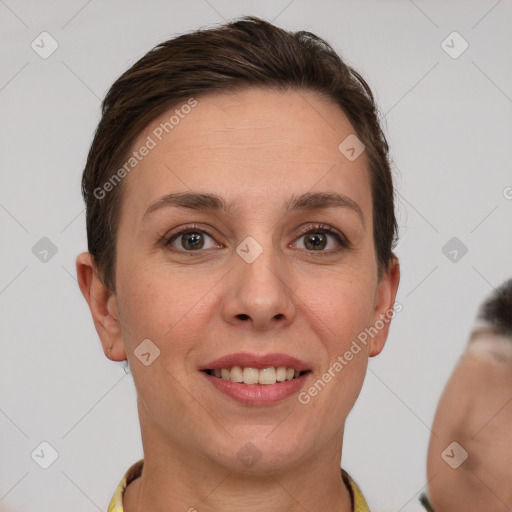 Joyful white young-adult female with short  brown hair and brown eyes