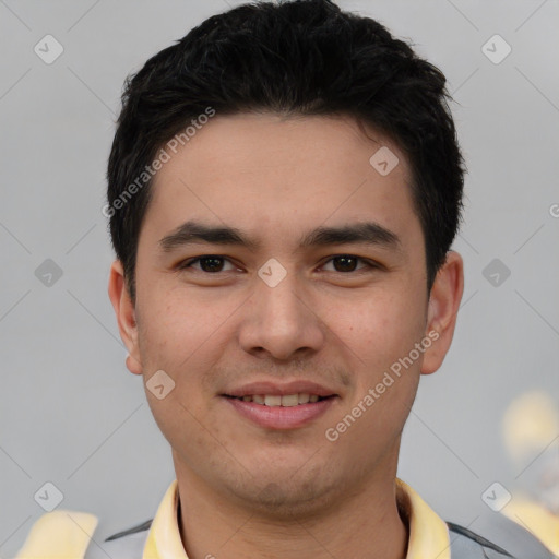 Joyful white young-adult male with short  black hair and brown eyes