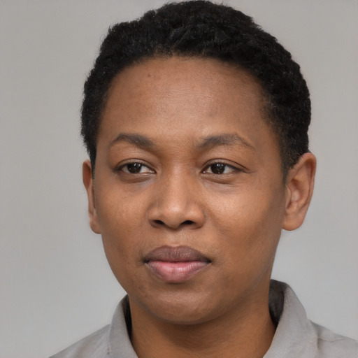 Neutral black adult female with short  black hair and brown eyes