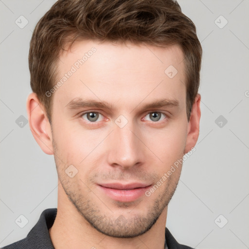 Neutral white young-adult male with short  brown hair and grey eyes