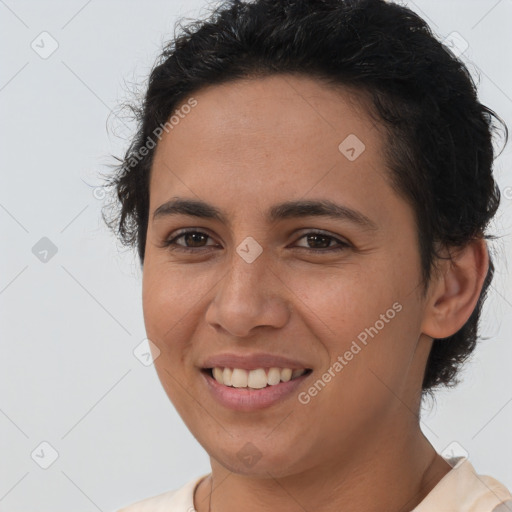 Joyful white young-adult female with short  brown hair and brown eyes