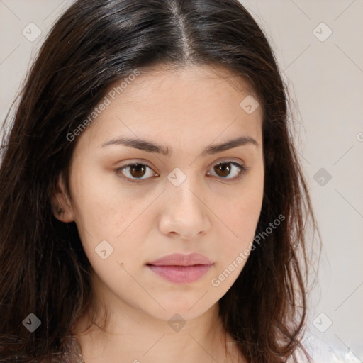 Neutral white young-adult female with medium  brown hair and brown eyes